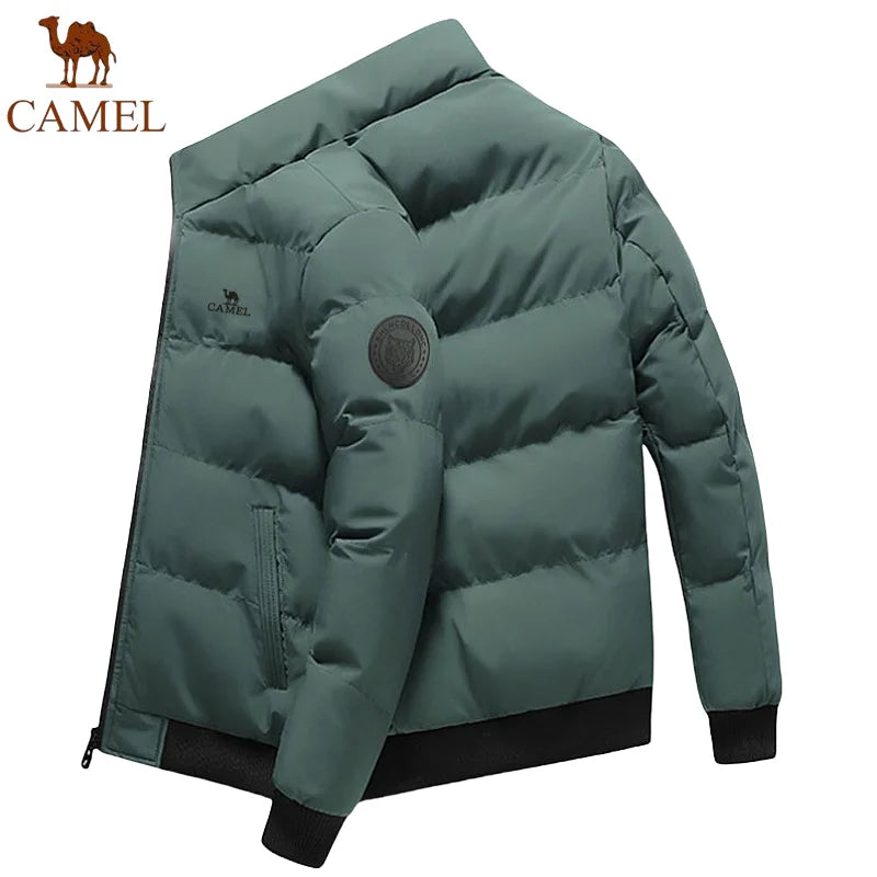 GOLDEN CAMEL Embroidered Men's Cotton Winter Coat Autumn Thick Warm Short Stand Collar Jacket, Suitable for Outdoor Hiking