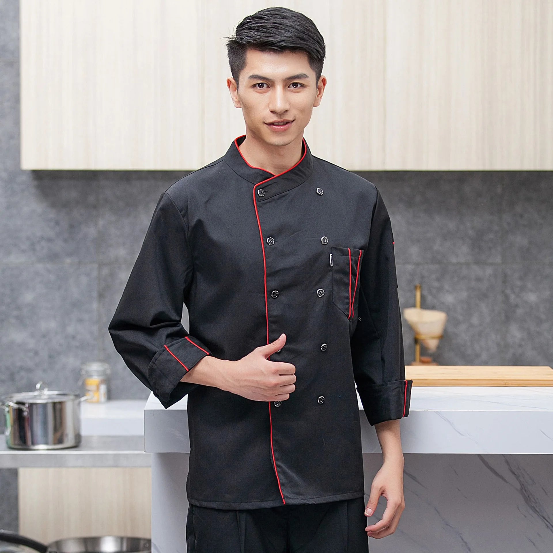 Chef Clothes Long-sleeved Men's Autumn and Winter Clothes Hotel Catering School Kindergarte Kitchen Short-sleeved Work Clothes