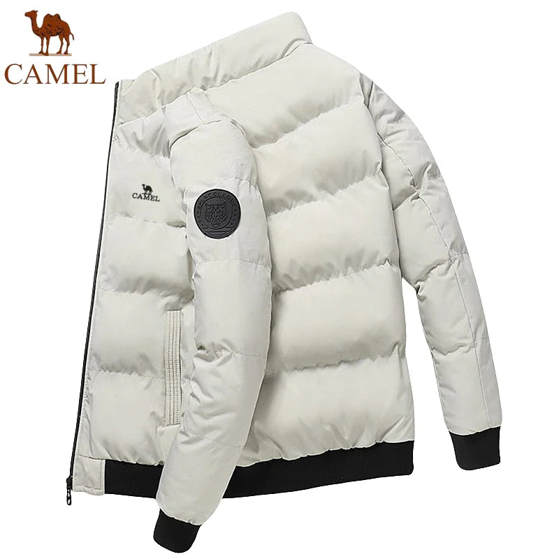 GOLDEN CAMEL Embroidered Men's Cotton Winter Coat Autumn Thick Warm Short Stand Collar Jacket, Suitable for Outdoor Hiking