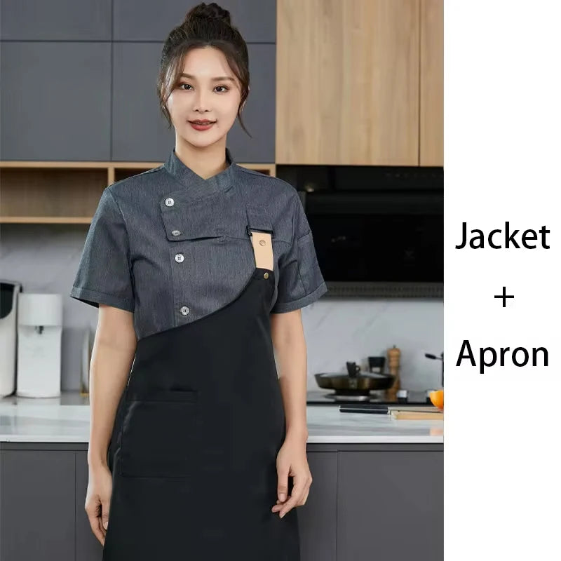Chef Uniform with A Apron 2-piece Food Service Overalls Bakery Cafe Waiter's Uniform Restaurant Bubble tea shop Waiter Work Suit