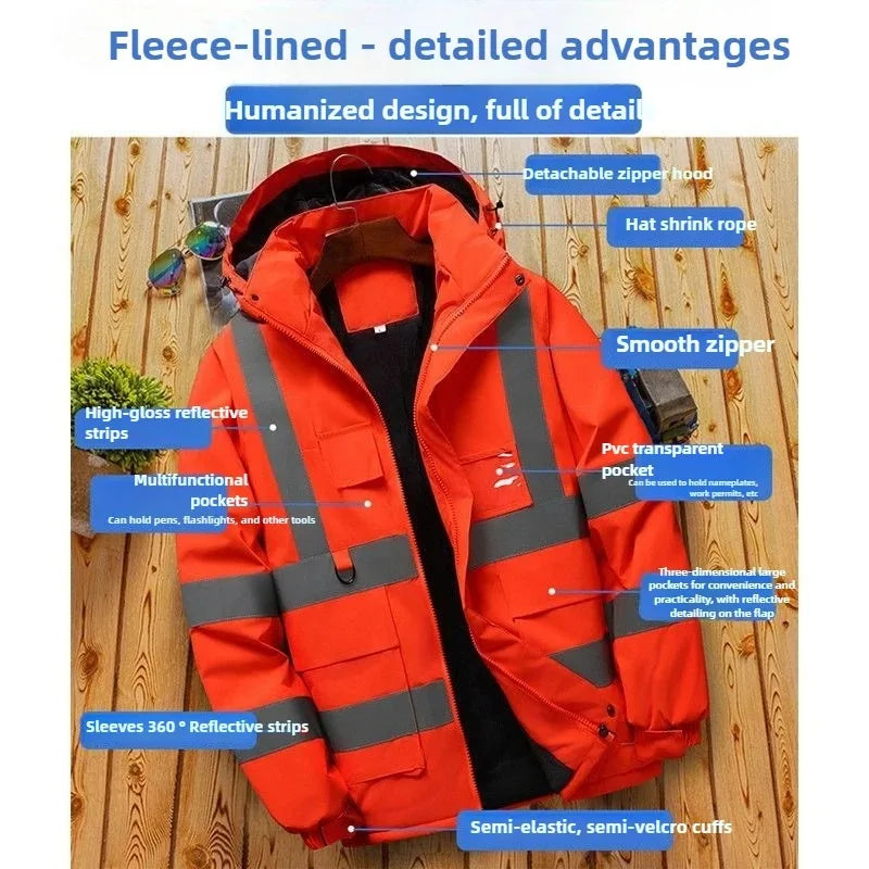 Winter Work Jacket Men, Waterproof Windproof Reflective Thermal Coat, Fleece Lined Abrasion Resistant Parka