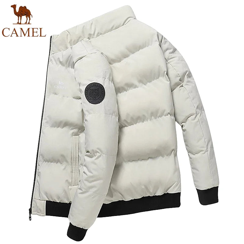 GOLDEN CAMEL Embroidered Men's Cotton Winter Coat Autumn Thick Warm Short Stand Collar Jacket, Suitable for Outdoor Hiking