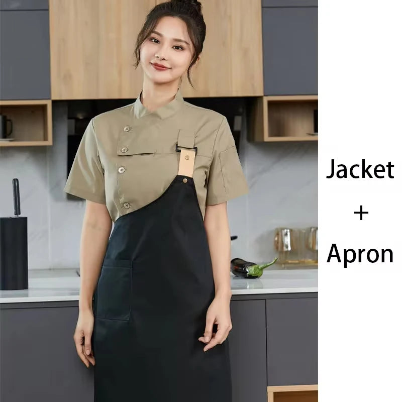Chef Uniform with A Apron 2-piece Food Service Overalls Bakery Cafe Waiter's Uniform Restaurant Bubble tea shop Waiter Work Suit